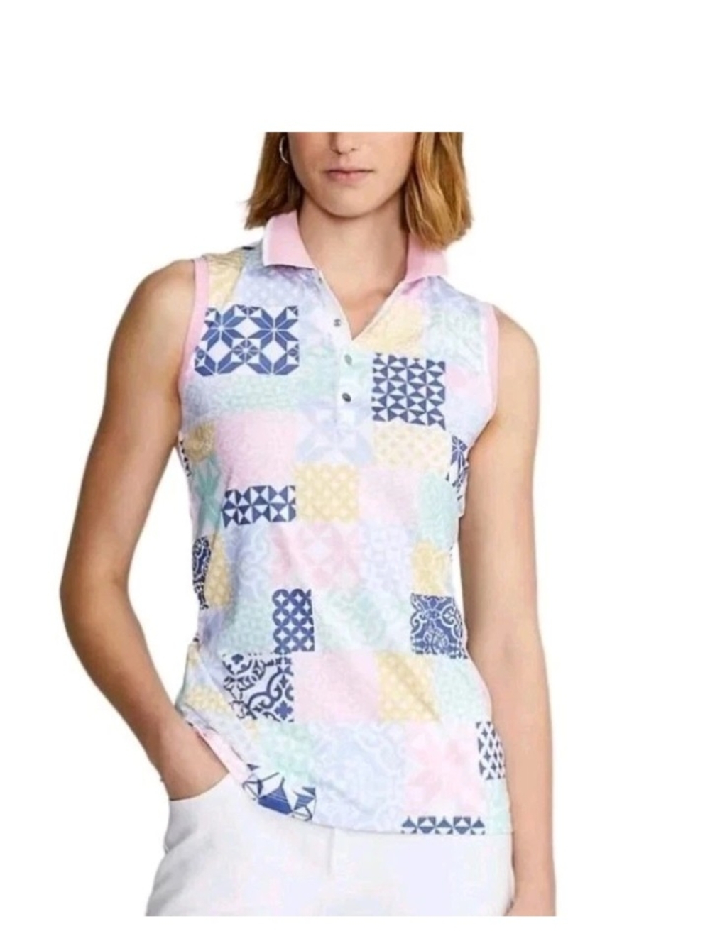RLX Ralph Lauren Pastel Patchwork Sleeveless Polo - Pink Collar